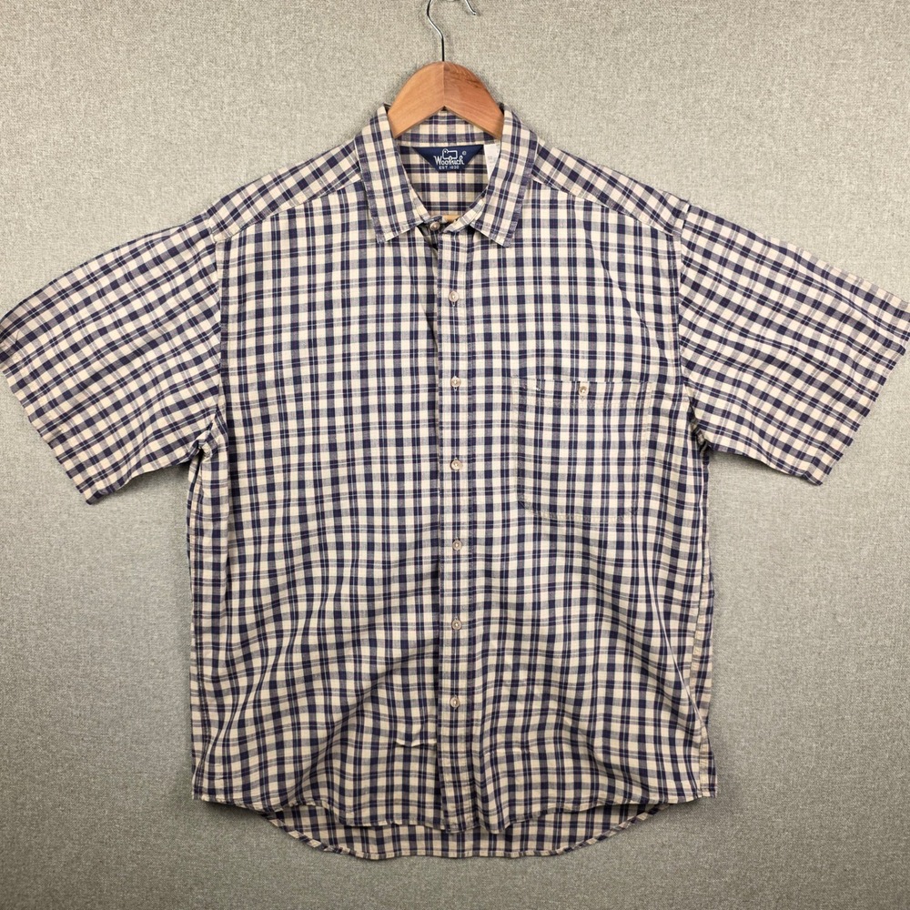 Woolrich Mens‎ Short Sleeve Plaid Button Down Shirt Navy Sand 3688 Cotton XL